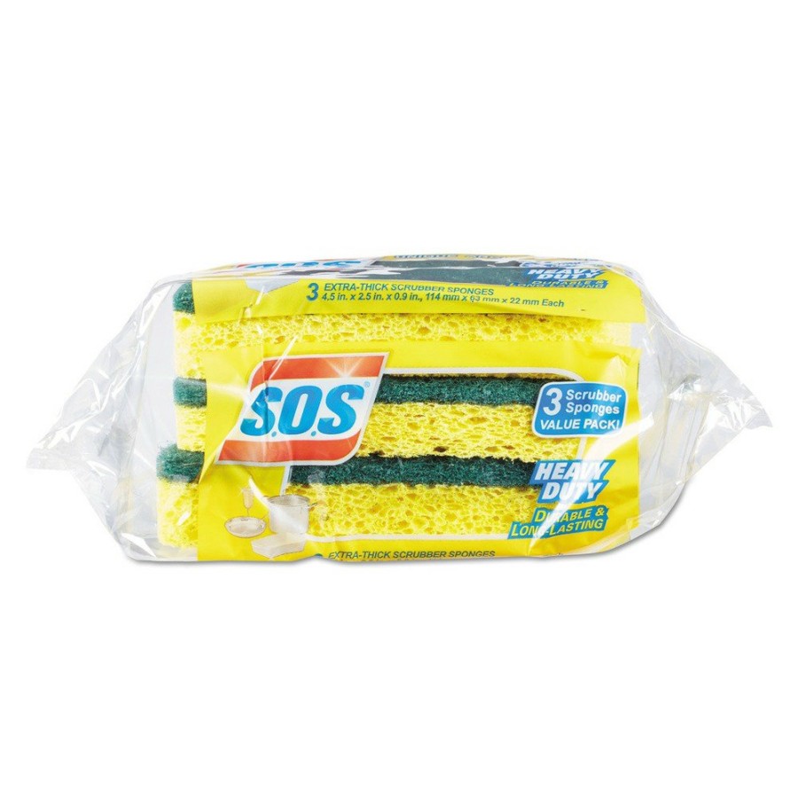 Facility Maintenance & Supplies S.O.S. Cleaning Tools | S.O.S. 91029 2.5 In. X 4.5 In. Heavy Duty Scrubber Sponge - Yellow/Green (3/Pack, 8 Packs/Carton)