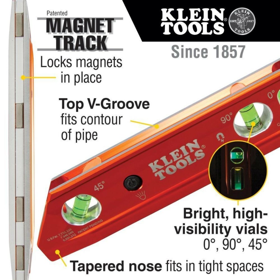 Hand Tools Klein Tools Levels | Klein Tools 935Rblt Water/Impact Resistant Lighted Torpedo Level With Magnet, 3 Vials And V-Groove