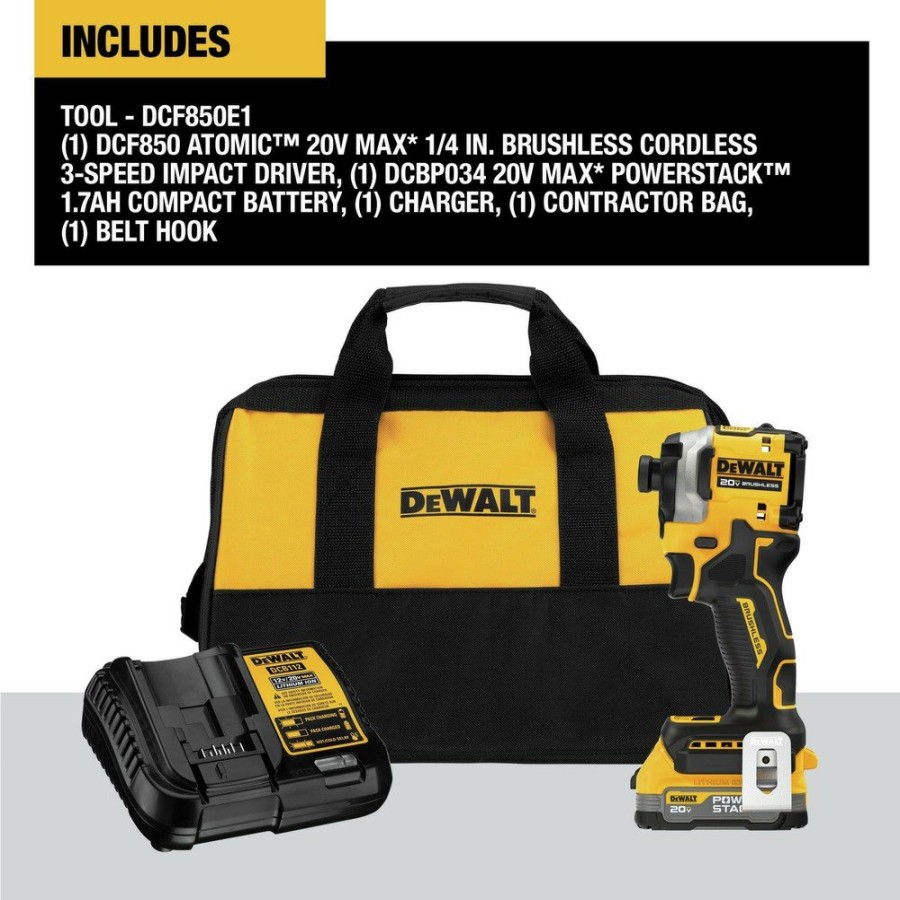 Power Tools Dewalt Impact Drivers | Dewalt Dcf850E1 20V Max Atomic Brushless Lithium-Ion Cordless 1/4 In. Impact Driver Kit (1.7 Ah)