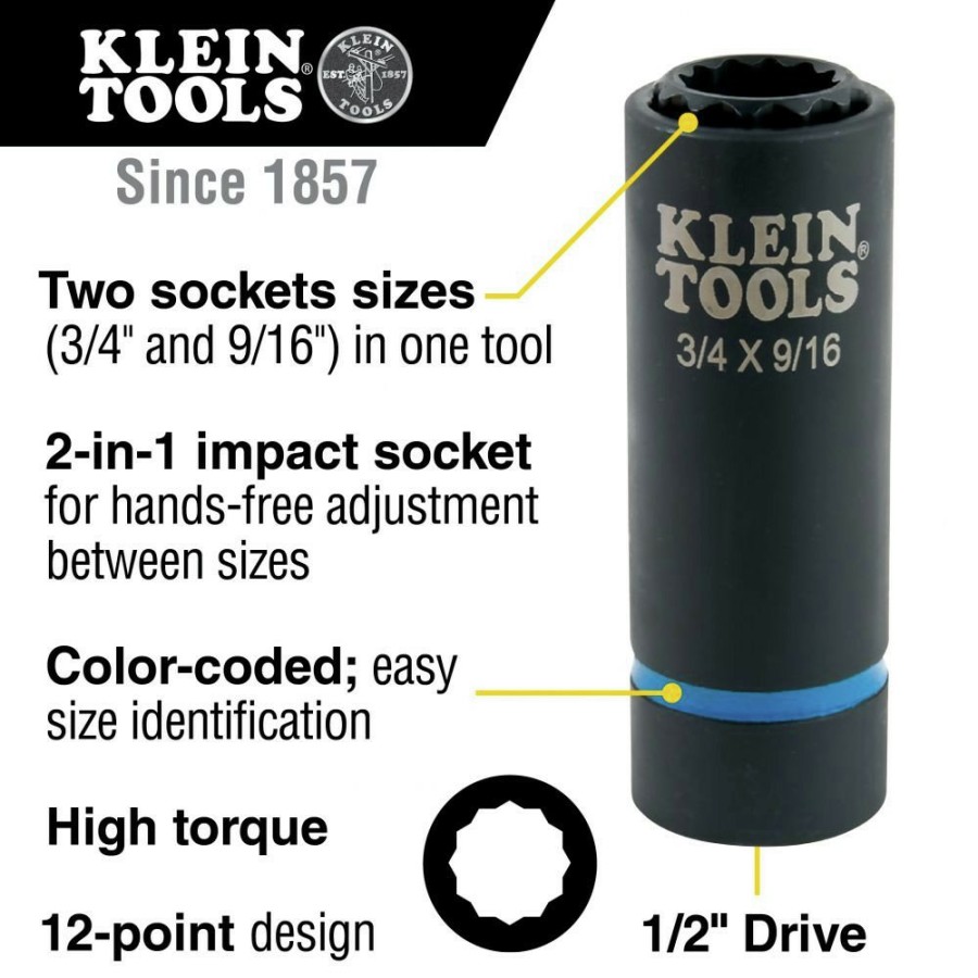 Power Tool Accessories Klein Tools Sockets | Klein Tools 66001 2-In-1 12 Point 3/4 In./ 9/16 In. Impact Socket