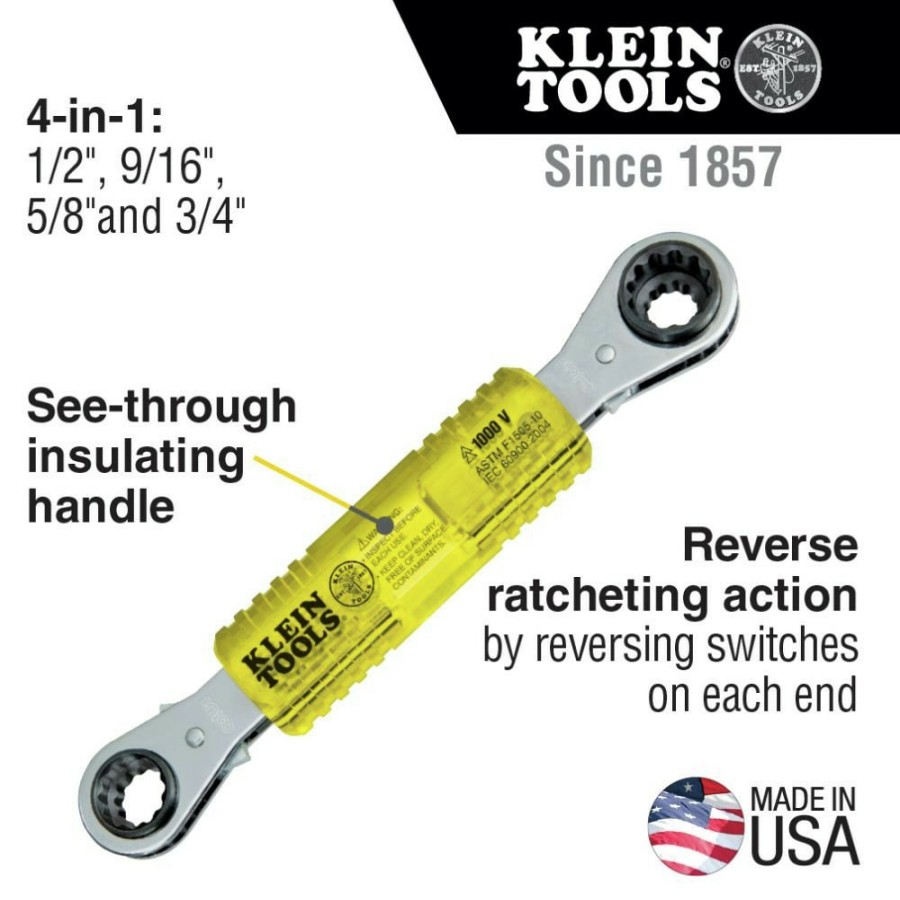 Hand Tools Klein Tools Ratcheting Wrench Sets | Klein Tools Kt223X4-Ins 4-In-1 Lineman'S Insulating Box Wrench