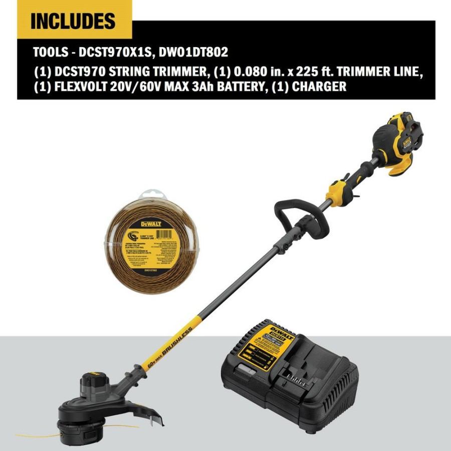 Outdoor Power Tools & Equipment Dewalt String Trimmers | Dewalt Dcst970X1S-Dwo1Dt802 60V Max Flexvolt Brushless Lithium-Ion Cordless String Trimmer And 0.080 In. X 225 Ft. String Trimmer Line Bundle (3 Ah)