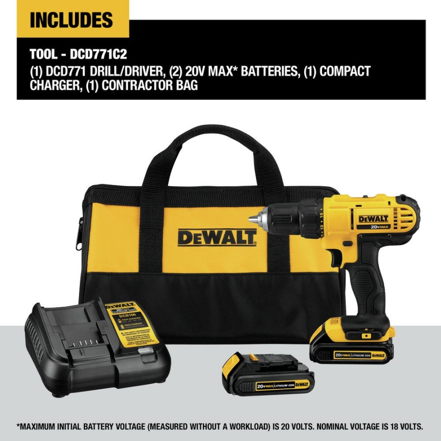 Power Tools Dewalt Drill Drivers | Dewalt Dcd771C2 20V Max Brushed Lithium-Ion 1/2 In. Cordless Compact Drill Driver Kit With 2 Batteries (1.3 Ah)