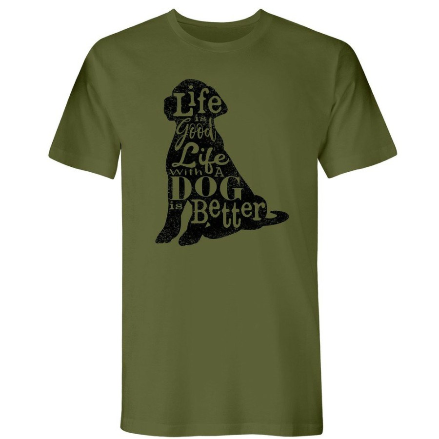 Clothing And Gear Buzz Saw | Buzz Saw Pr103674M "Life With A Dog Is Better" Premium Cotton Tee Shirt - Medium, Dark Green