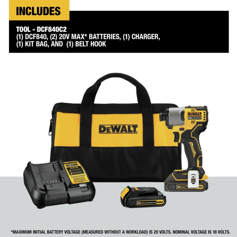 Power Tools Dewalt Impact Drivers | Dewalt Dcf840C2 20V Max Brushless Lithium-Ion 1/4 In. Cordless Impact Driver Kit With 2 Batteries (1.5 Ah)