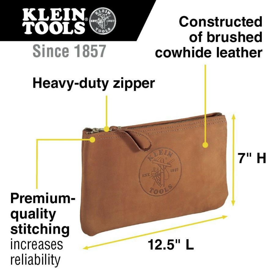 Tool Storage Klein Tools | Klein Tools 5139L 12-1/2 In. Top-Grain Leather Zipper Bag - Brown