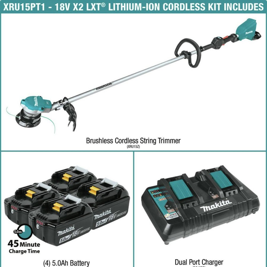 Outdoor Power Tools & Equipment Makita String Trimmers | Makita Xru15Pt1 18V X2 (36V) Lxt Brushless Lithium-Ion Cordless String Trimmer Kit (5 Ah)