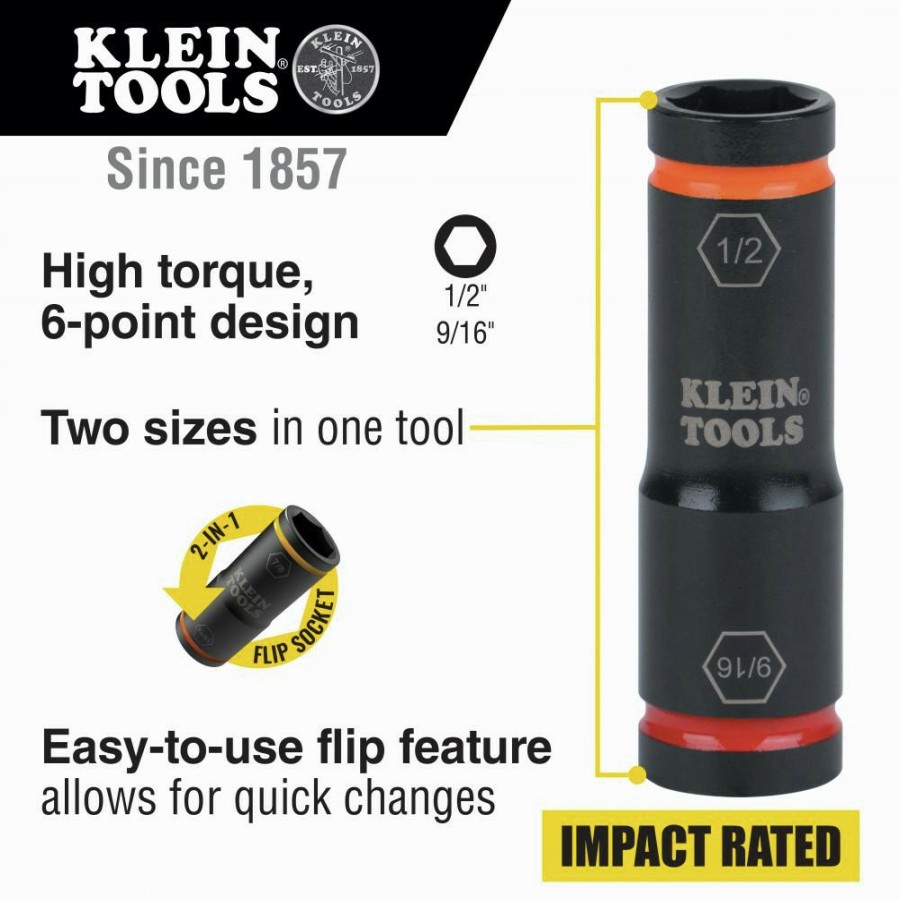 Hand Tools Klein Tools Impact Sockets | Klein Tools 66076 9/16 In. X 1/2 In. Flip Impact Socket