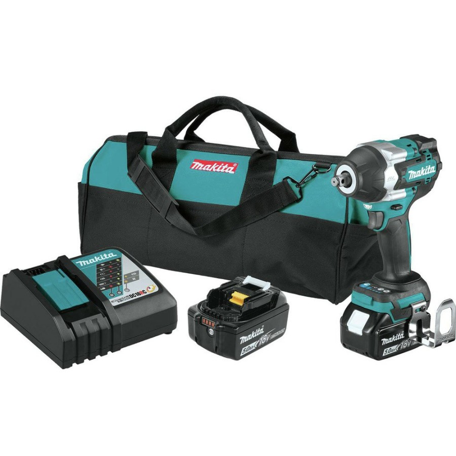 Power Tools Makita | Makita Xwt17T 18V Lxt Brushless Lithium-Ion 1/2 In. Cordless Square Drive Mid-Torque Impact Wrench With Friction Ring Kit With 2 Batteries (5 Ah)