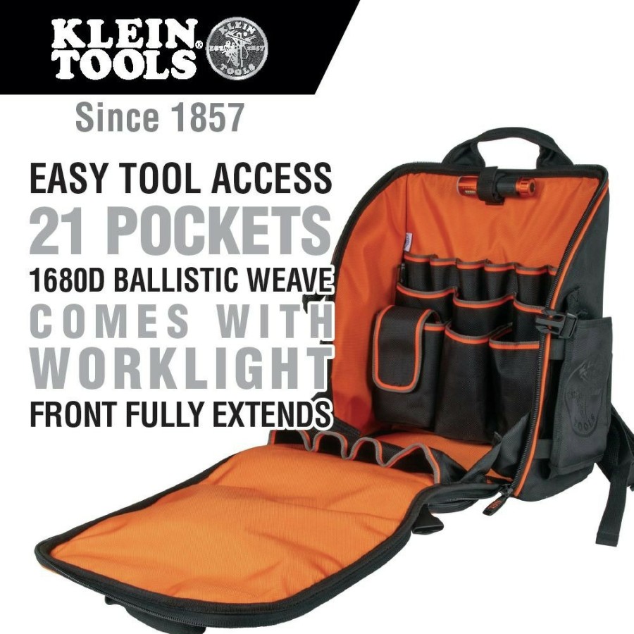 Tool Storage Klein Tools | Klein Tools 55655 Tradesman Pro 21-Pocket Tool Station Tool Bag Backpack With Work Light