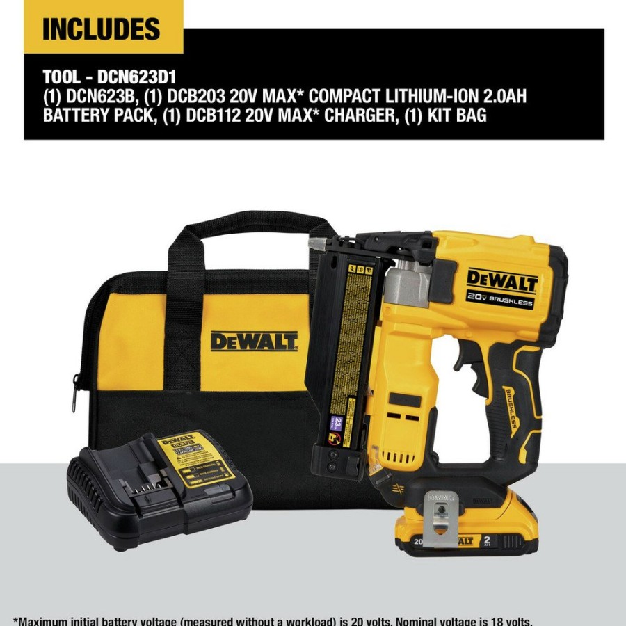 Power Tools Dewalt Nailers | Dewalt Dcn623D1 20V Max Atomic Compact Brushless Lithium-Ion 23 Gauge Cordless Pin Nailer Kit (2 Ah)