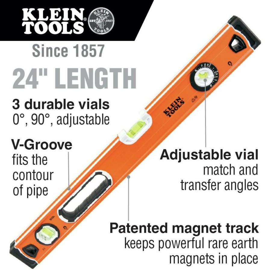 Hand Tools Klein Tools Levels | Klein Tools 935L 3-Vial 24 In. Bubble Level - High Visibility, Orange