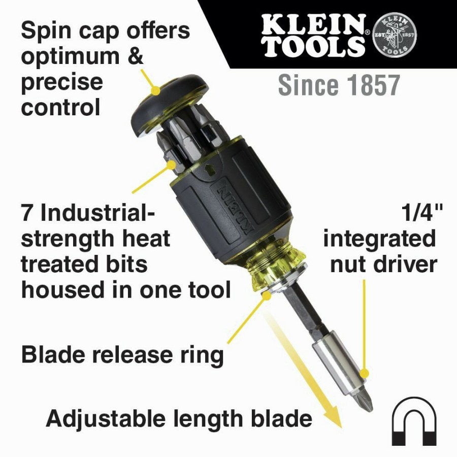 Hand Tools Klein Tools | Klein Tools 32308 8-In-1 Adjustable Length Multi-Bit Stubby Screwdriver