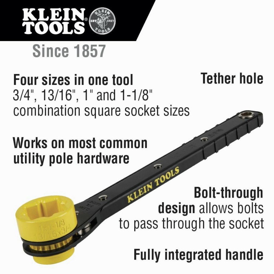 Hand Tools Klein Tools Ratcheting Wrench Sets | Klein Tools Kt152T 4-In-1 Lineman'S Slim Ratcheting Wrench