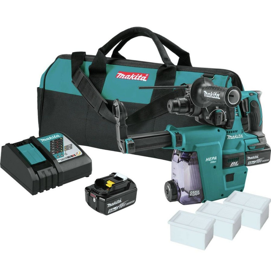 Power Tools Makita Rotary Hammers | Makita Xrh011Twx 18V Lxt Brushless Lithium-Ion Sds-Plus 1 In. Cordless Rotary Hammer Kit With Hepa Dust Extractor Attachment And 2 Batteries (5 Ah)