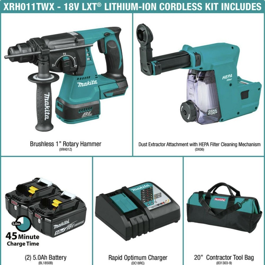 Power Tools Makita Rotary Hammers | Makita Xrh011Twx 18V Lxt Brushless Lithium-Ion Sds-Plus 1 In. Cordless Rotary Hammer Kit With Hepa Dust Extractor Attachment And 2 Batteries (5 Ah)