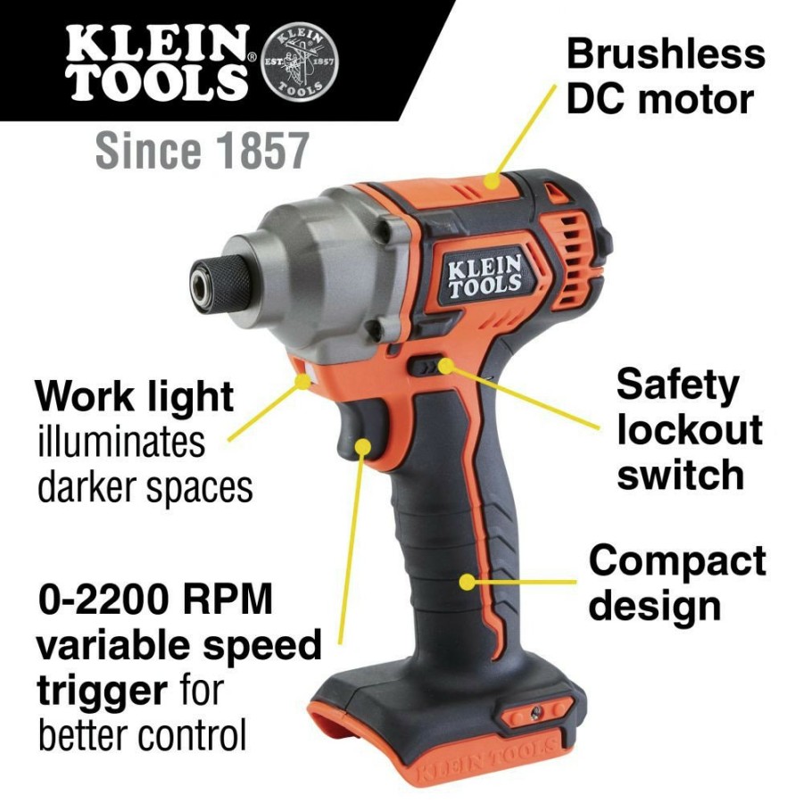 Power Tools Klein Tools Impact Drivers | Klein Tools Bat20Cd 20V Brushless Lithium-Ion 1/4 In. Cordless Hex Impact Driver (Tool Only)