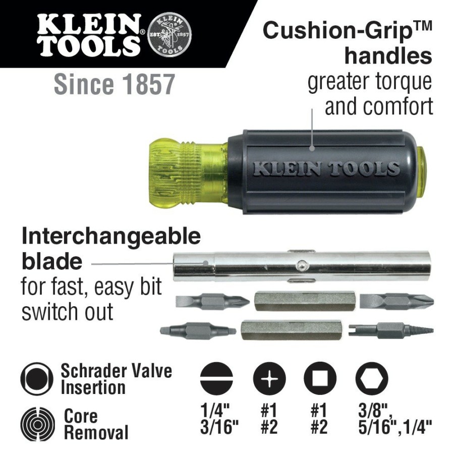 Hand Tools Klein Tools | Klein Tools 32527 Multi-Bit Screwdriver / Nut Driver, 11-In-1 With Phillips, Slotted, Square, And Schrader Bits And Nut Drivers