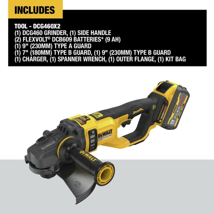 Power Tools Dewalt Angle Grinders | Dewalt Dcg460X2 60V Max Brushless Lithium-Ion 7 In. - 9 In. Cordless Large Angle Grinder Kit With 2 Flexvolt Batteries (9 Ah)