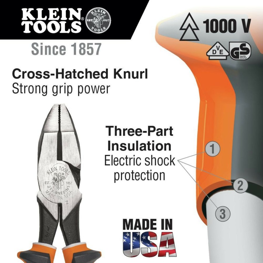 Hand Tools Klein Tools | Klein Tools 2139Neeins 9 In. New England Nose Insulated Side Cutter Pliers With Knurled Jaws