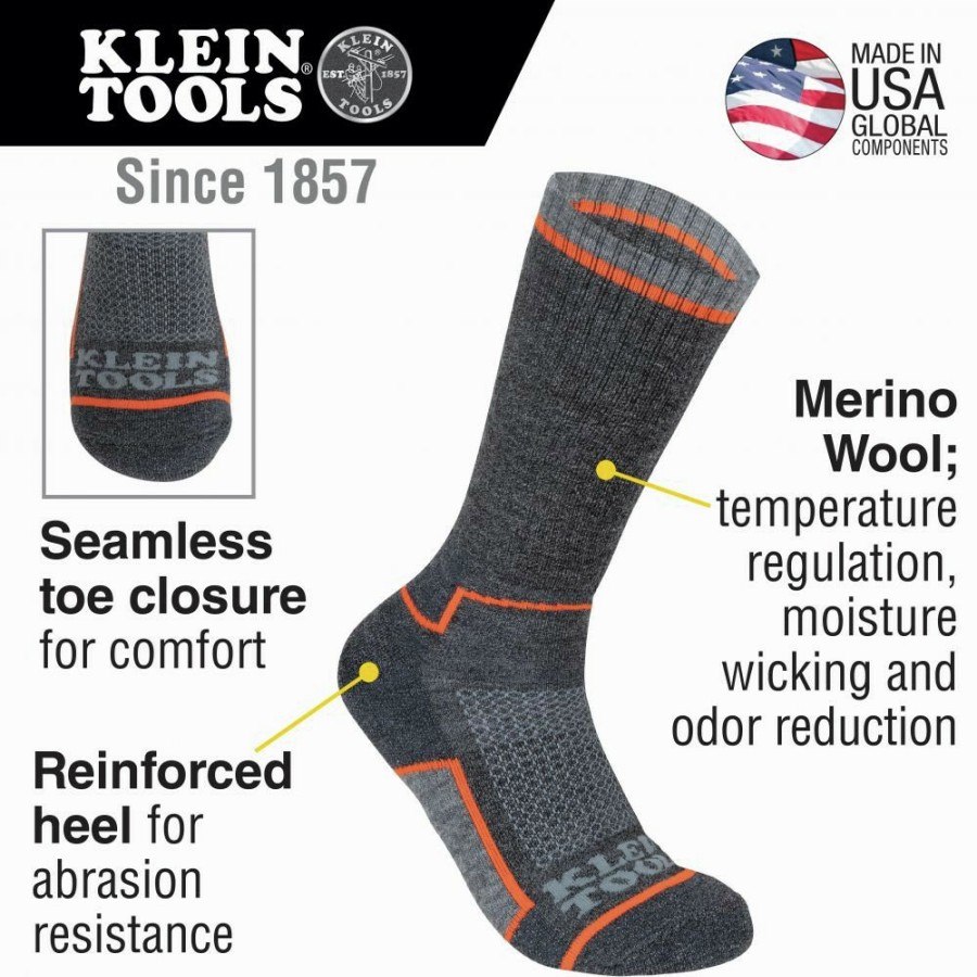 Clothing And Gear Klein Tools | Klein Tools 60509 1 Pair Performance Thermal Socks - X-Large, Dark Gray/Light Gray/Orange