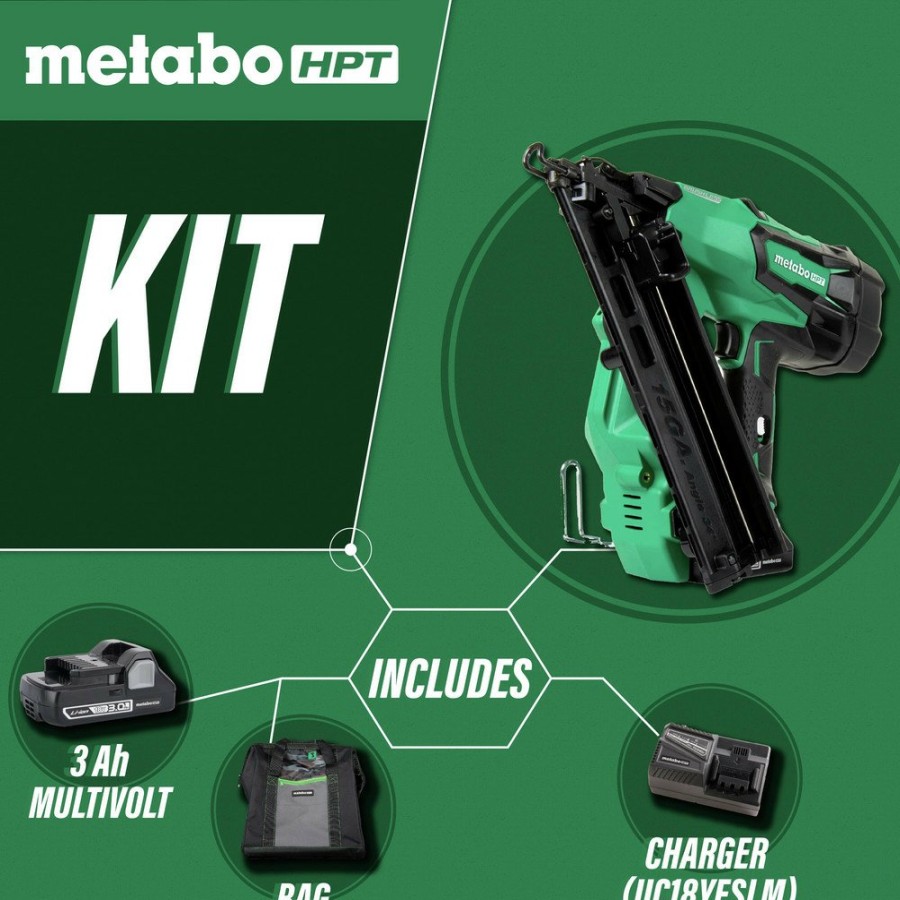 Power Tools Metabo HPT Nailers | Metabo Hpt Nt1865Dmasq7 18V Multivolt Brushless Lithium-Ion 15 Gauge 2-1/2 In. Cordless Angled Finish Nailer (Tool Only)