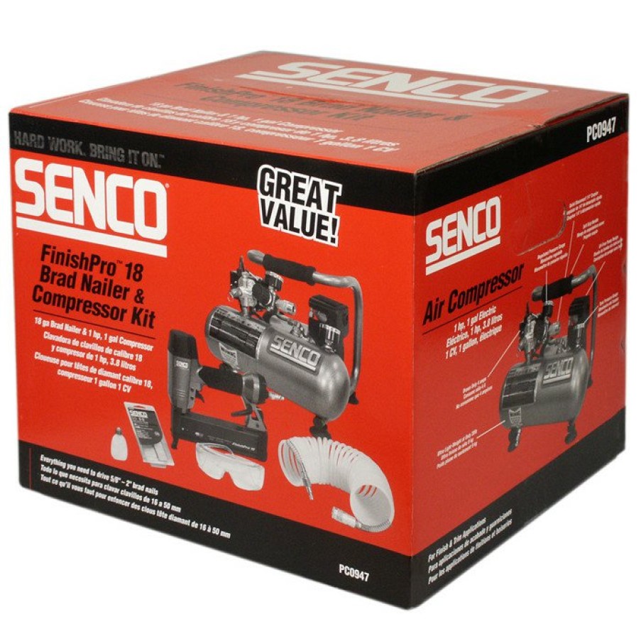 Air Tools And Equipment SENCO Compressor Combo Kits | Senco Pc0947 Finishpro 18 Gauge Brad Nailer And 0.5 Hp 1 Gallon Oil-Free Hand Carry Air Compressor Combo Kit