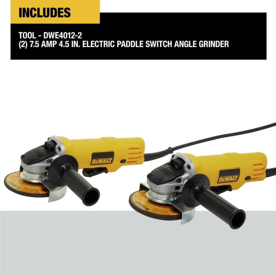 Power Tools Dewalt Angle Grinders | Dewalt Dwe4012-2W 7.5 Amp Paddle Switch 4-1/2 In. Corded Small Angle Grinder (2 Pack)