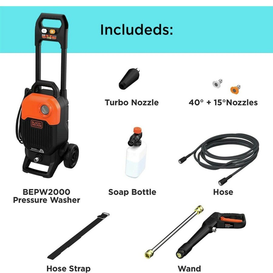 Outdoor Power Tools & Equipment Black & Decker | Black & Decker Bepw2000 2000 Max Psi 1.2 Gpm Corded Cold Water Pressure Washer