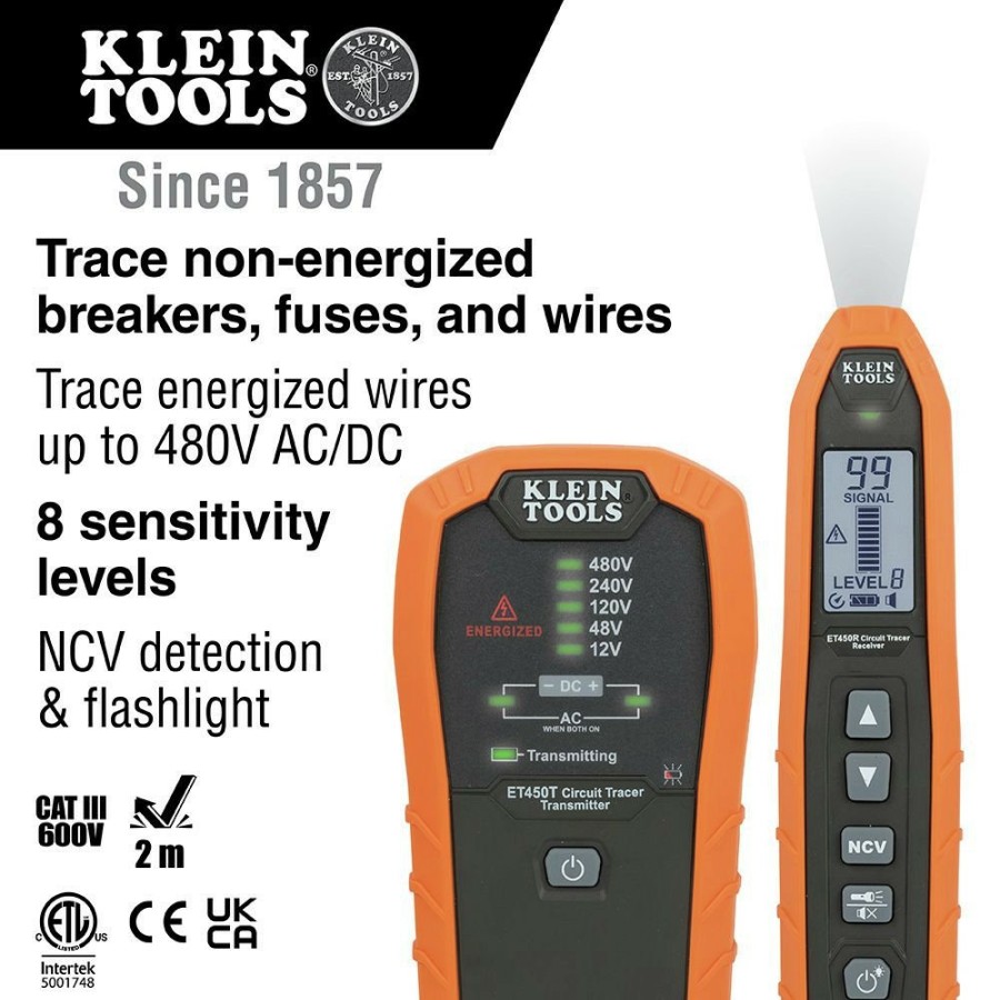 Automotive Klein Tools Circuit Electrical Testers | Klein Tools Et450 20-Piece Cordless Advanced Circuit Tracer Kit With (10) Aa Batteries