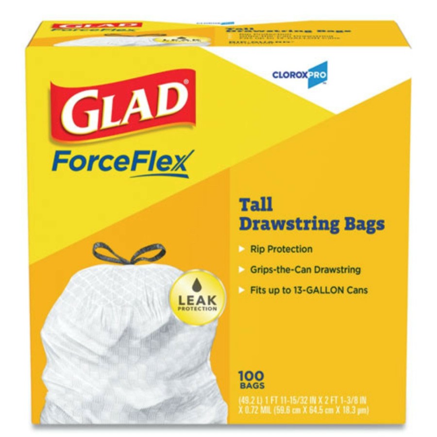 Facility Maintenance & Supplies Glad | Glad 78526 24 In. X 27.38 In. 13 Gal. 0.72 Mil Tall Kitchen Drawstring Trash Bags - Gray (100/Box)