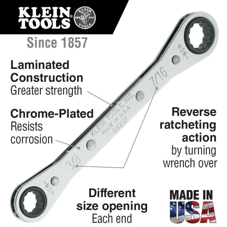 Hand Tools Klein Tools Box Wrenches | Klein Tools 68202 1/2 In. X 9/16 In. Ratcheting Box Wrench