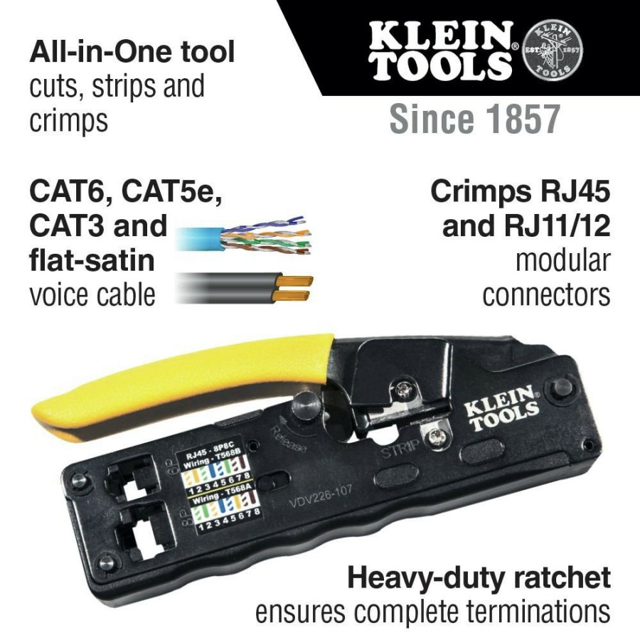 Hand Tools Klein Tools | Klein Tools Vdv226-107 Compact Ratcheting Modular Data Cable Crimper/Wire Stripper/Wire Cutter