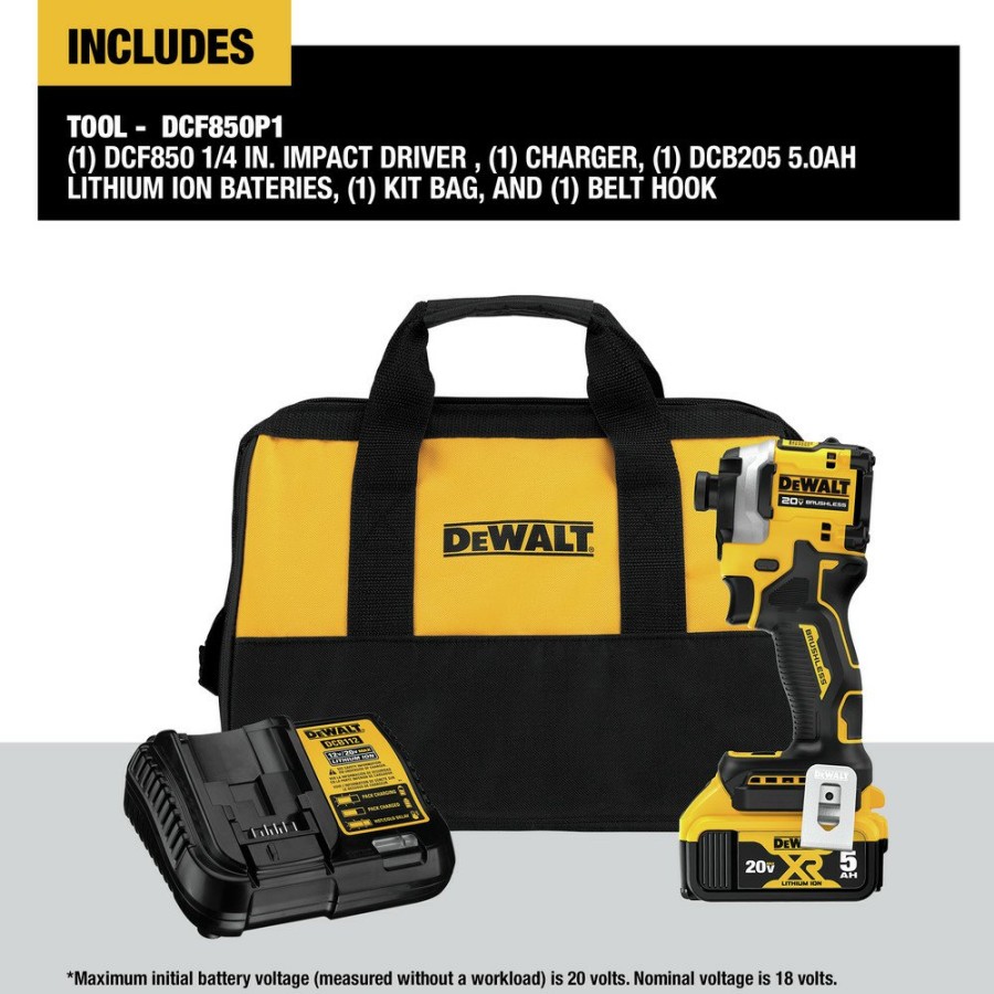 Power Tools Dewalt Impact Drivers | Dewalt Dcf850P1 Atomic 20V Max Brushless Lithium-Ion 1/4 In. Cordless 3-Speed Impact Driver Kit (5 Ah)