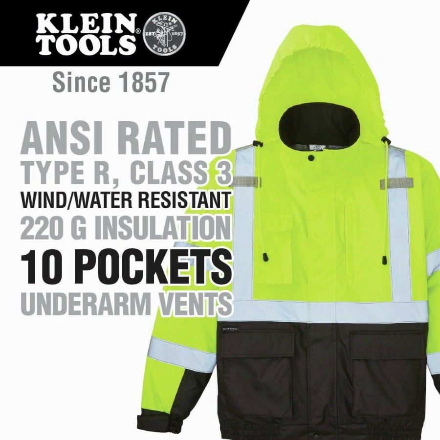 Clothing And Gear Klein Tools | Klein Tools 60380 Reflective Winter Bomber Jacket - X-Large, High-Visibility Yellow/Black