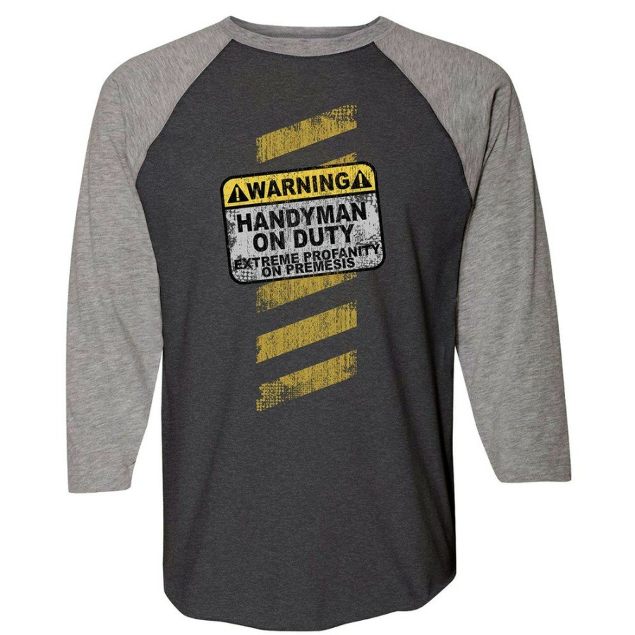 Clothing And Gear Buzz Saw | Buzz Saw Pr104185S "Warning Handyman On Duty Extreme Profanity On Premises" 3/4 Sleeve Premium Cotton Tee Shirt - Small, Black/Gray