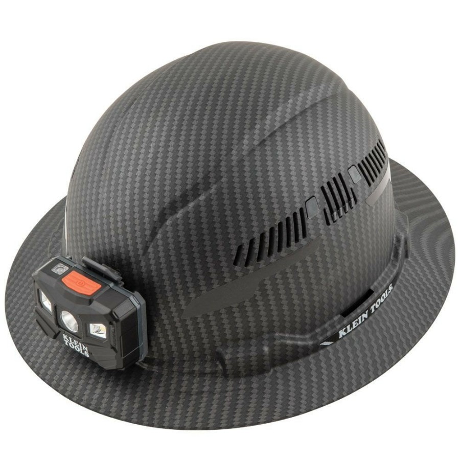 Safety Equipment Klein Tools Hard Hats | Klein Tools 60347 Premium Karbn Pattern Class C, Vented, Full Brim Hard Hat With Rechargeable Lamp