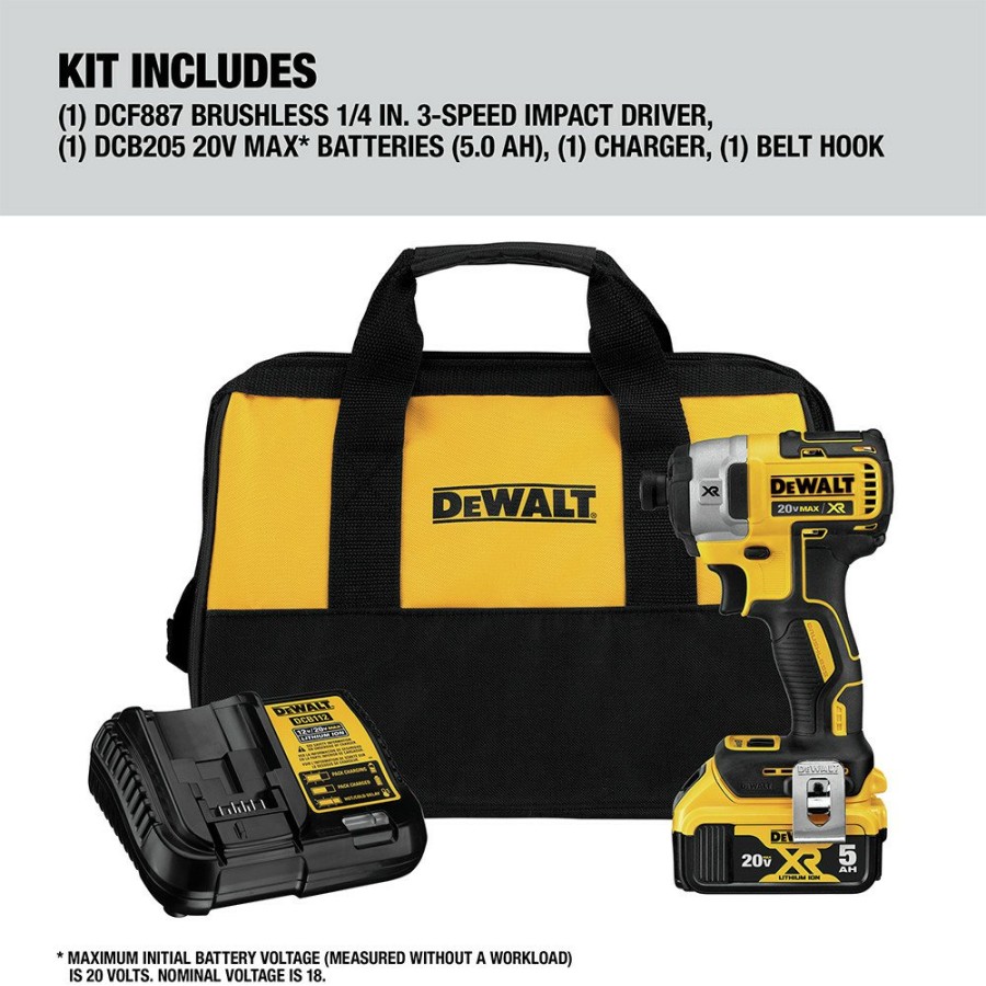 Power Tools Dewalt Impact Drivers | Dewalt Dcf887P1 20V Max Xr Brushless Lithium-Ion 1/4 In. Cordless 3-Speed Impact Driver Kit (5 Ah)