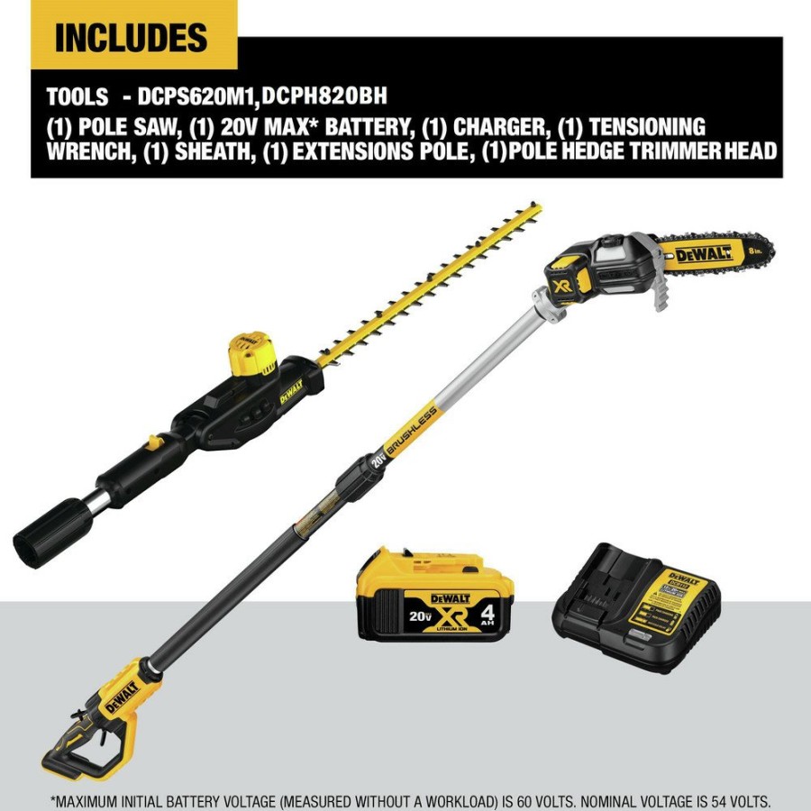 Outdoor Power Tools & Equipment Dewalt | Dewalt Dcps620M1-Dcph820Bh 20V Max Xr Brushless Lithium-Ion Cordless Pole Saw And Pole Hedge Trimmer Head With 20V Max Compatibility Bundle (4 Ah)