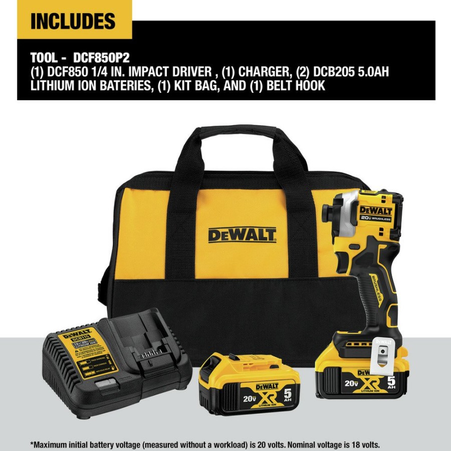 Power Tools Dewalt Impact Drivers | Dewalt Dcf850P2 Atomic 20V Max Brushless Lithium-Ion 1/4 In. Cordless 3-Speed Impact Driver Kit With 2 Batteries (5 Ah)