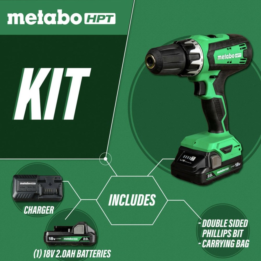 Power Tools Metabo HPT Drill Drivers | Metabo Hpt Ds18Dfxm 18V Multivolt Brushed Lithium-Ion 1/2 In. Cordless Drill Driver Kit (2 Ah)