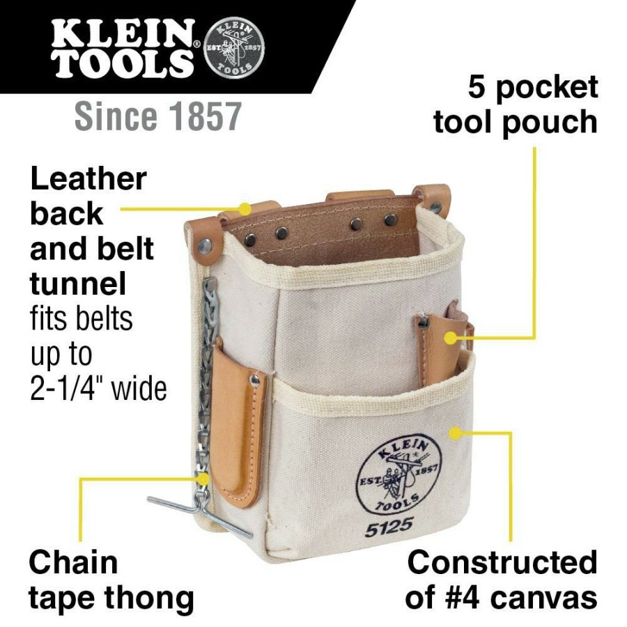 Tool Storage Klein Tools | Klein Tools 5125 5-Pocket Canvas And Leather Tool Pouch