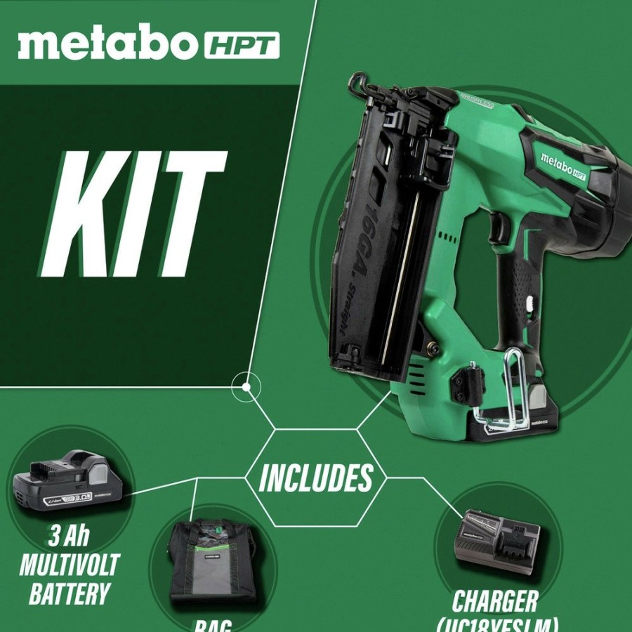 Power Tools Metabo HPT Nailers | Factory Reconditioned Metabo Hpt Nt1865Dmmr 18V Brushless Lithium-Ion 16 Gauge Cordless Straight Brad Nailer Kit (3 Ah)