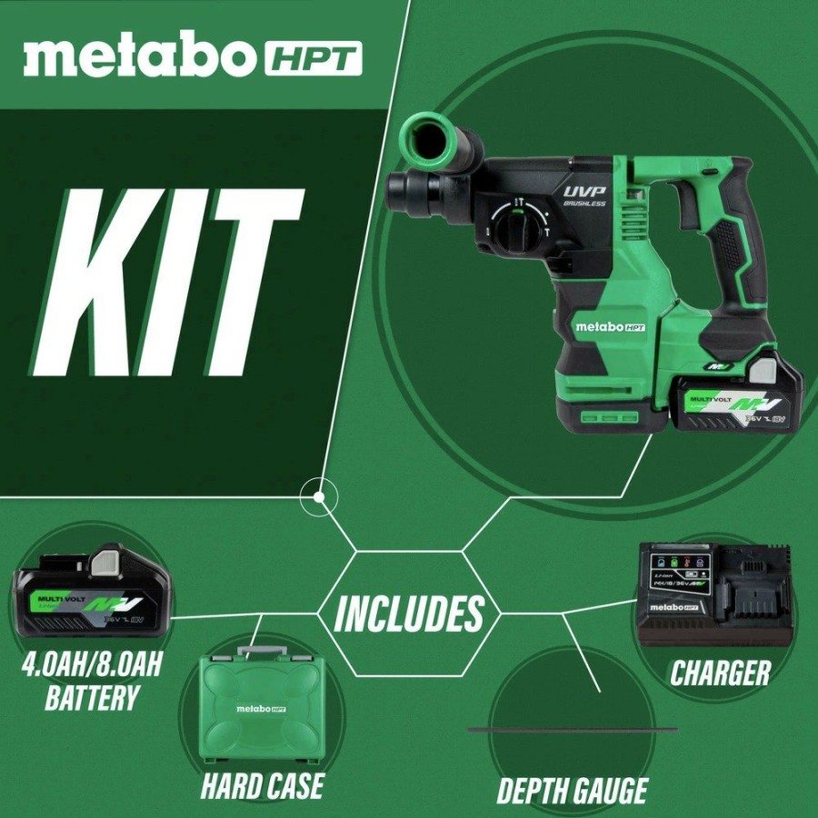 Power Tools Metabo HPT Rotary Hammers | Metabo Hpt Dh3628Dam 36V Multivolt Brushless Sds-Plus Lithium-Ion 1-1/8 In. Cordless Rotary Hammer Kit With Uvp (4 Ah/8 Ah)