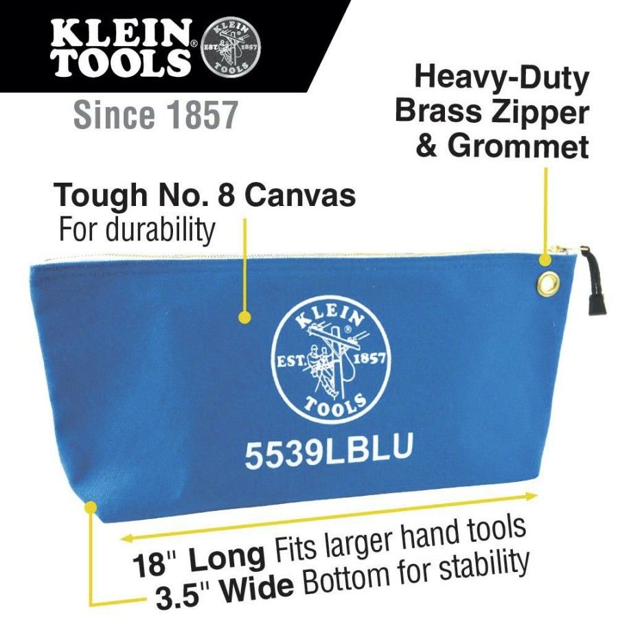 Tool Storage Klein Tools | Klein Tools 5539Lblu 18 In. X 3.5 In. X 8 In. Canvas Zipper Consumables Tool Pouch - Large, Blue