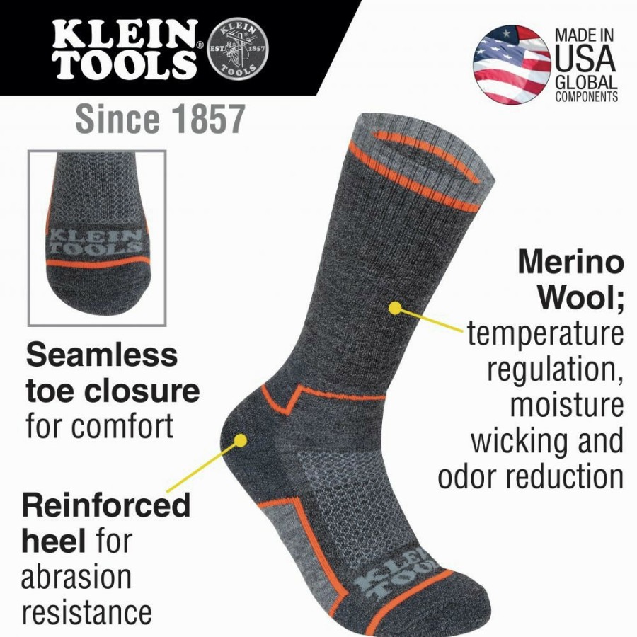 Clothing And Gear Klein Tools | Klein Tools 60508 1 Pair Performance Thermal Socks - Large, Dark Gray/Light Gray/Orange