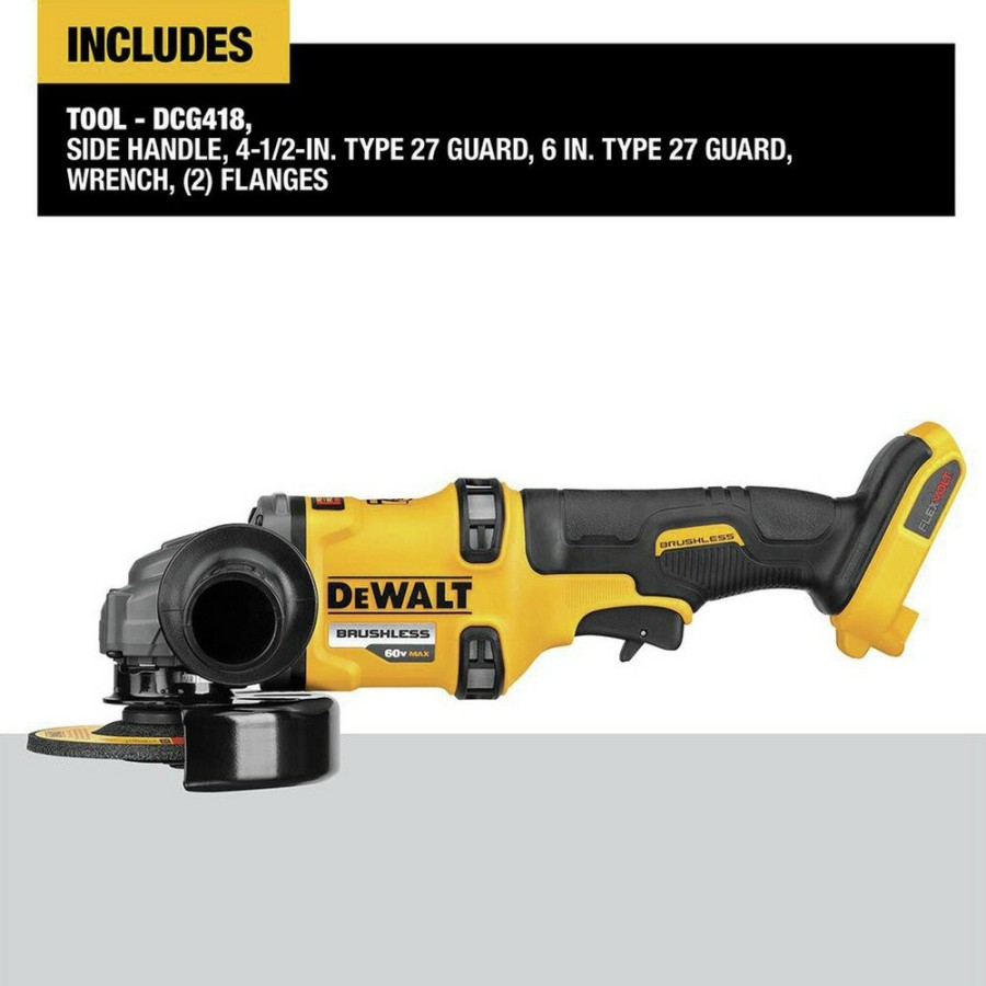 Power Tools Dewalt Angle Grinders | Factory Reconditioned Dewalt Dcg418Br Flexvolt 60V Max Brushless Lithium-Ion 4-1/2 In. - 6 In. Cordless Grinder With Kickback Brake (Tool Only)