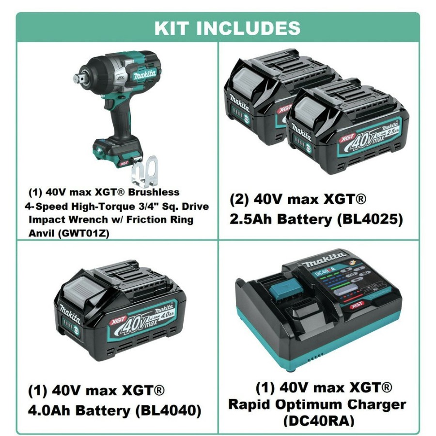 Power Tools Makita | Makita Gwt01D-Bl4040 40V Max Xgt Brushless Lithium-Ion 3/4 In. Sq. Drive Cordless 4-Speed High-Torque Impact Wrench Kit With 3 Batteries Bundle (2.5 Ah/4 Ah)