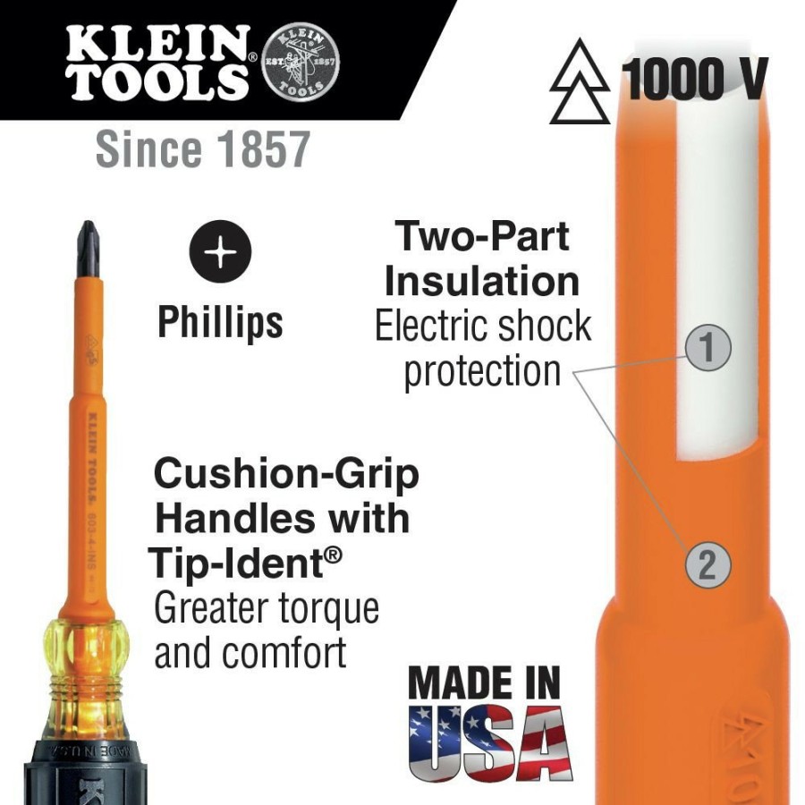 Hand Tools Klein Tools | Klein Tools 6334Ins #1 Phillips Tip 4 In. Round Shank Insulated Screwdriver