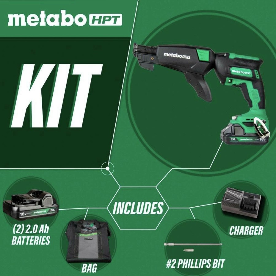 Power Tools Metabo HPT Screw Guns | Metabo Hpt W18Daqbm 18V Multivolt Brushless Lithium-Ion Cordless Drywall Screw Gun Kit With Collated Screw Magazine And 2 Batteries (2 Ah)